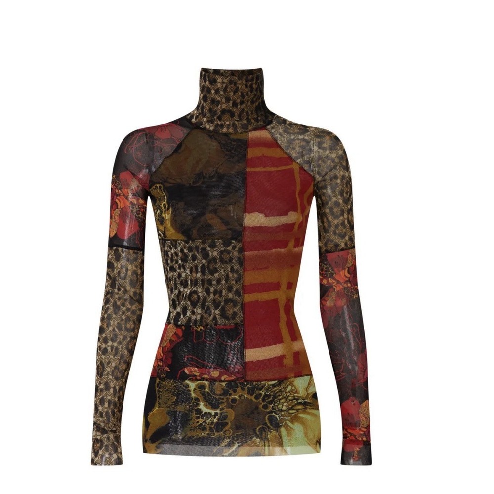 FUZZI  Mixed abstract Leopard Mesh Top XL* (Fits SZ S) Turtle Neck  Top Indie